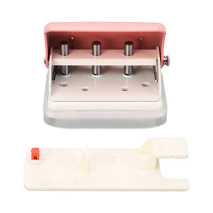 Perforator 3 gauri ZYBLSSBB LSM2xh2497-BCS0039862, capacitate 5 foi, diametru orificii 5.5 mm, distanta intre orificii 19 mm, adancime de alimentare 7 mm, ABS si metal, roz
