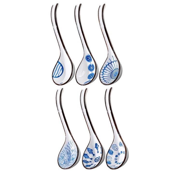 Set 6 linguri pentru supa ZYBLSSBB LSM2xh3949-BCS0054776, din ceramica, decor albastru, alb/albastru, 16,2 x 4,8 x 2 cm