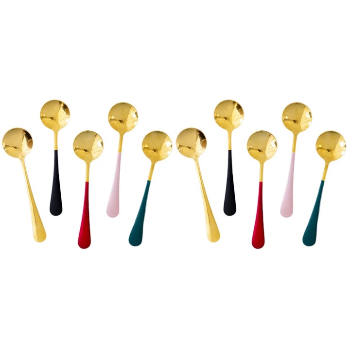Lingurite de cafea ZYBLSSBB LSM2xh3341-BCS0045074, din otel inoxidabil, cap auriu si manere asortate, 15,5 cm, set 10 buc