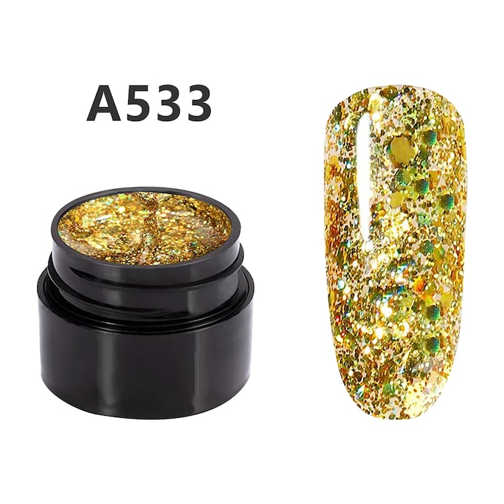 Gel pentru unghii YANYXR A533, cu sclipici holografic, auriu, 5ml