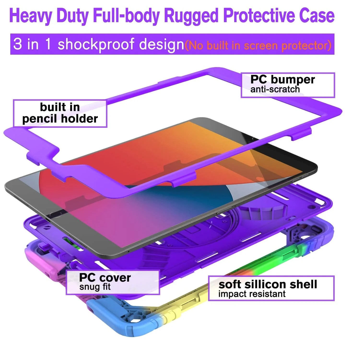 Husa pentru iPad 10.2 ZYBLSSBB LSM2xh1147-BCS0039524, hibrid antisoc in 3 straturi cu suport rotativ 360°, curea de mana, buzunar pentru Pencil, curea de umar detasabila, compatibil 7/8/9 gen (2019/2020/2021), multicolor