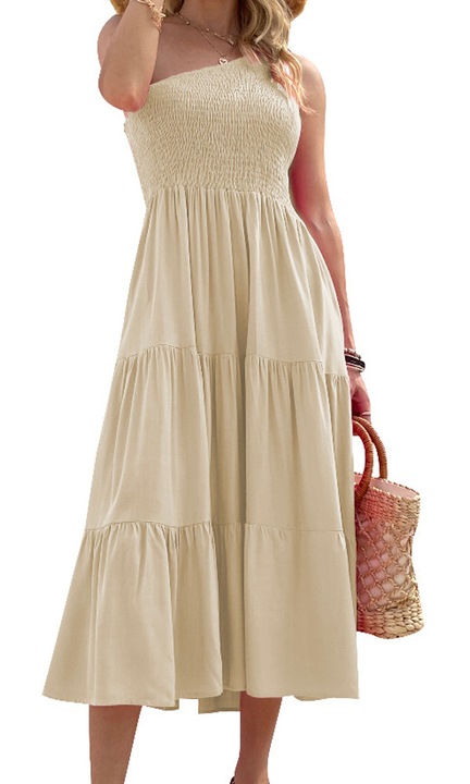 Rochie midi bej fara maneci evazata din rayon