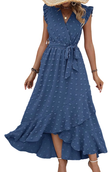 Rochie lunga de vara Boho, maneca scurta, albastru, floral