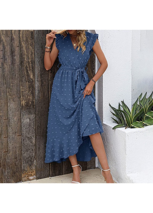 Rochie lunga de vara Boho, maneca scurta, albastru, floral