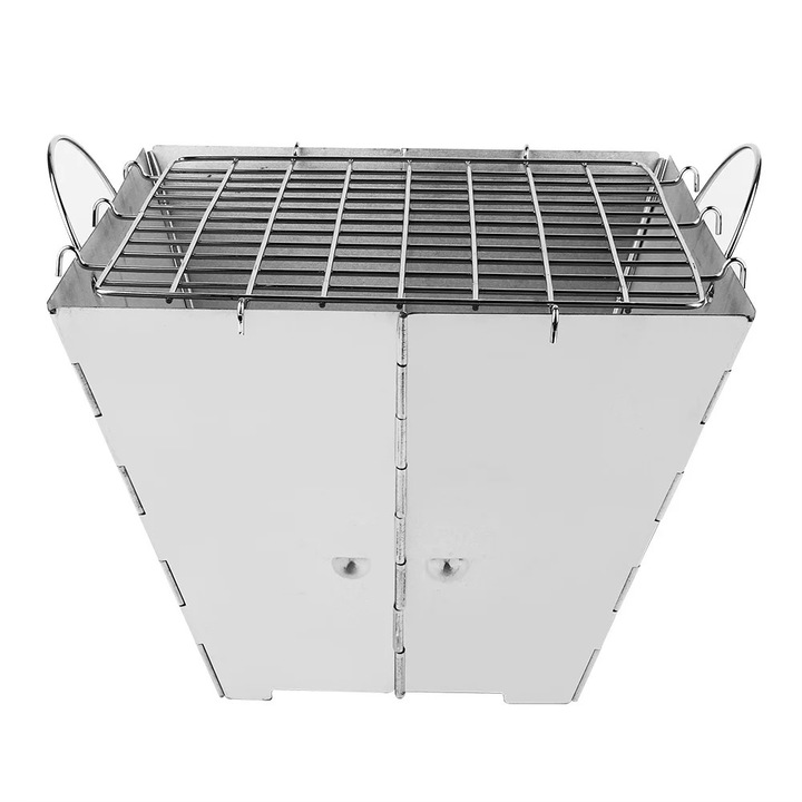 Gratar portabil pe carbuni ZYBLSSBB LSM2xh3558-BCS0042011, inox pliabil cu tava pentru carbuni perforata si gratar, argintiu, 32,5 x 32,5 x 24 cm