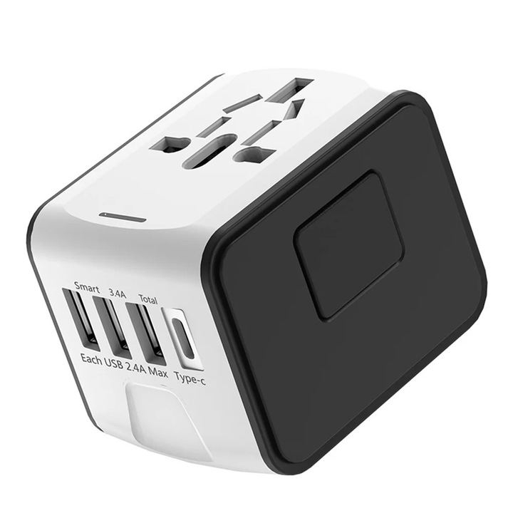 Adaptor universal de priza ZYBLSSBB LSM2xh4361-BCS0043687-3, priza internationala Euro/US/UK/AU, 3x USB-A + 1x USB-C, fiecare USB 2.4A, total 3.4A, ABS, alb/negru, 6.8x5.3x5.3 cm