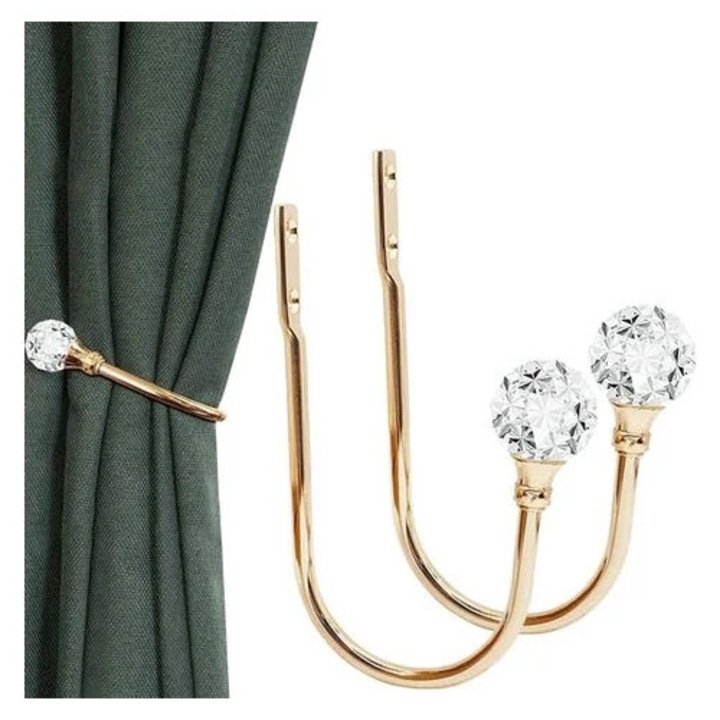 Suport pentru draperii ZYBLSSBB LSM2xh1991-BCS0038297, U cu bila de cristal transparenta, placat cu aur, set 2 buc., montare cu surub