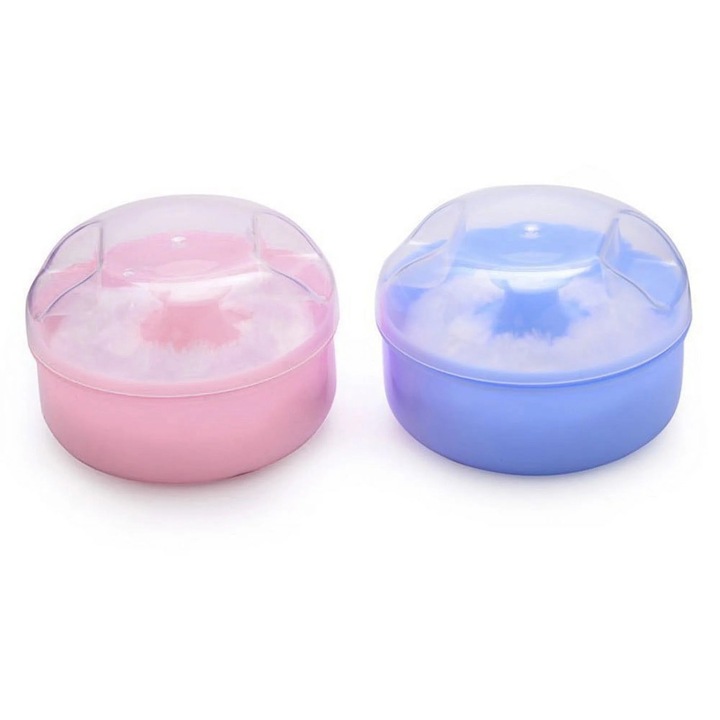 Recipient pentru pudra YANYXR BCS3254448 cu puf si capac, din plastic, roz/albastru, 9.5 × 6 cm
