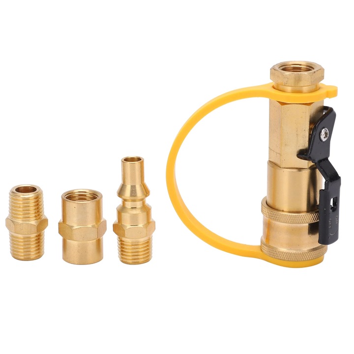 Adaptor rapid pentru gaz RV ZYBLSSBB LSM2xh3782-BCS0042531, supapa de inchidere 1/4" cu dop complet si adaptoare, din alama, auriu