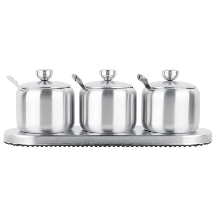 Set de 3 recipiente pentru condimente ZYBLSSBB LSM2xh4175-BCS0043284, otel inoxidabil SUS304, cu capace si lingurite, baza anti-alunecare, argintiu, 3 x ≈400 g, 30 x 10 cm