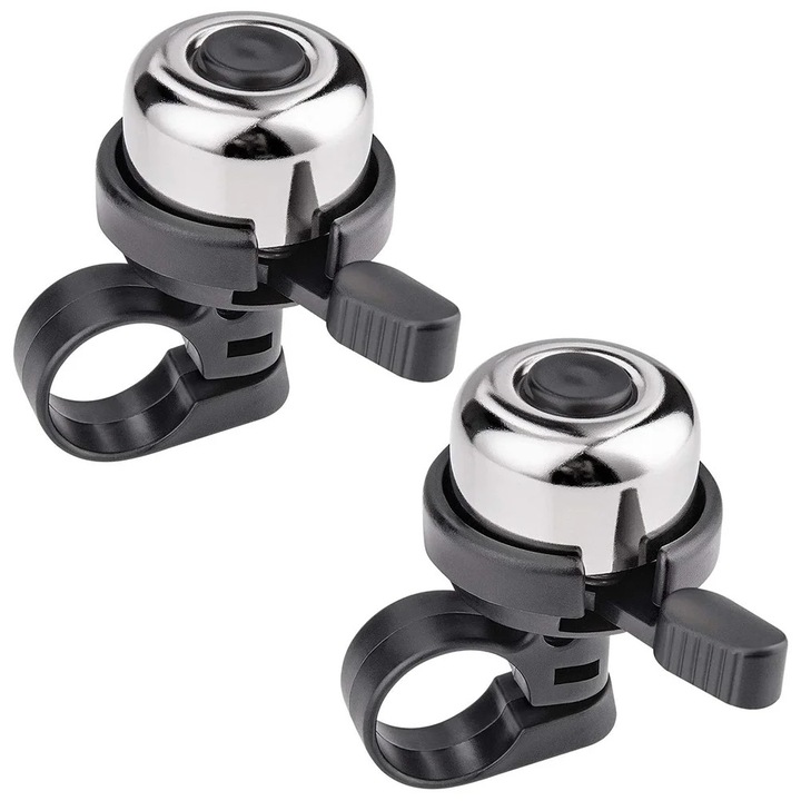 Sonerie bicicleta ZYBLSSBB LSM2xh496-BCS0033952, din cupru si plastic, design cu buton rotativ, argintiu/negru, diametru 3,4 cm, pentru ghidon 21–23 mm, set 2 buc