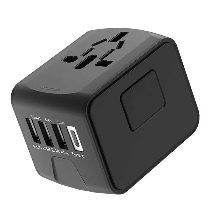 Adaptor universal de calatorie ZYBLSSBB LSM2xh4361-BCS0043687-1, 4 porturi USB (3x USB-A + 1x USB-C), Smart 3.4A total, compatibil UE/US/UK/AU, ABS, negru, 6.8×5.3×5.3 cm