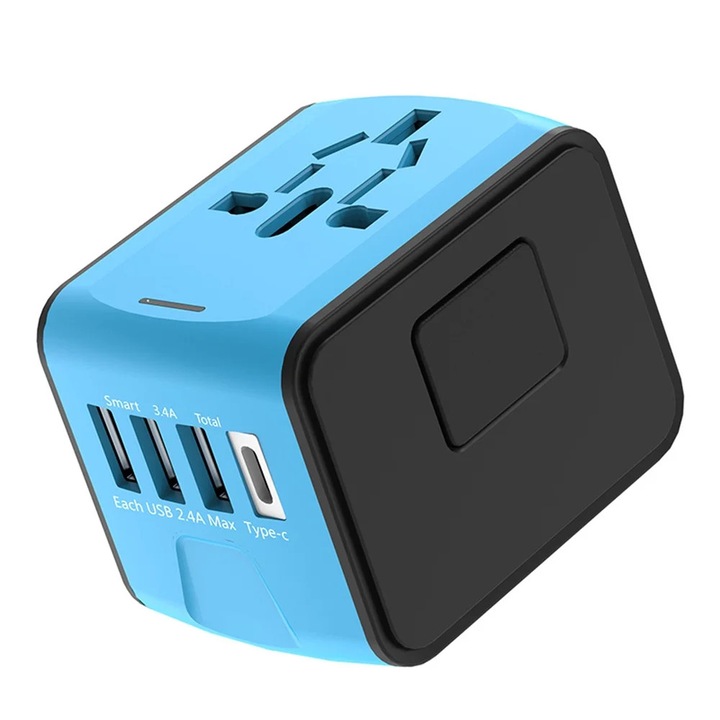 Adaptor de calatorie universal ZYBLSSBB LSM2xh4360-BCS0043686, prize Euro/US/UK/Australia, 3x USB-A + 1x USB-C (fiecare USB 2,4A, total Smart 3,4A), albastru