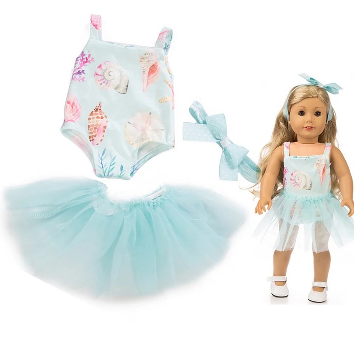 YANYXR, Set haine pentru papusa din bumbac si tulle cu fusta tutu si bentita, imprimeu cochilii, bleu deschis, 18 inch