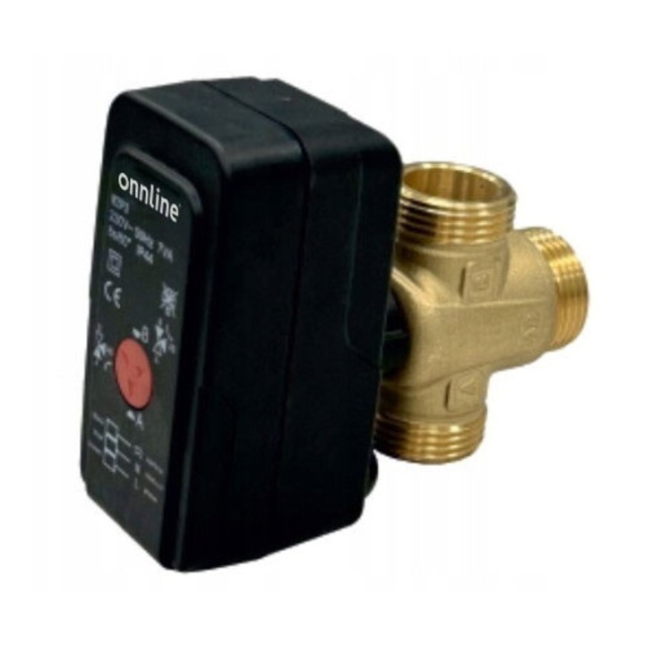 Onnline WZP3-25M (AXJLZ2BL) 3-utas váltószelep, G 1", Kvs 8, 230V AC 7VA, 5 Nm nyomaték, IP44, 8s/60°, PN10, sárgaréz, fekete/arany