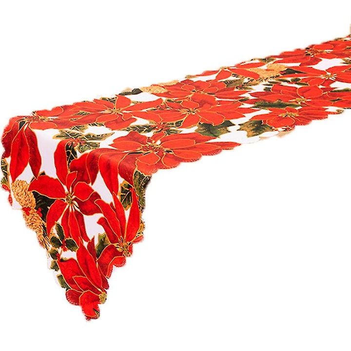 Karácsonyi asztali futó ANCJ-FU-K0384-260725-2823, poinsettia mintás arany díszítéssel, Többszínű