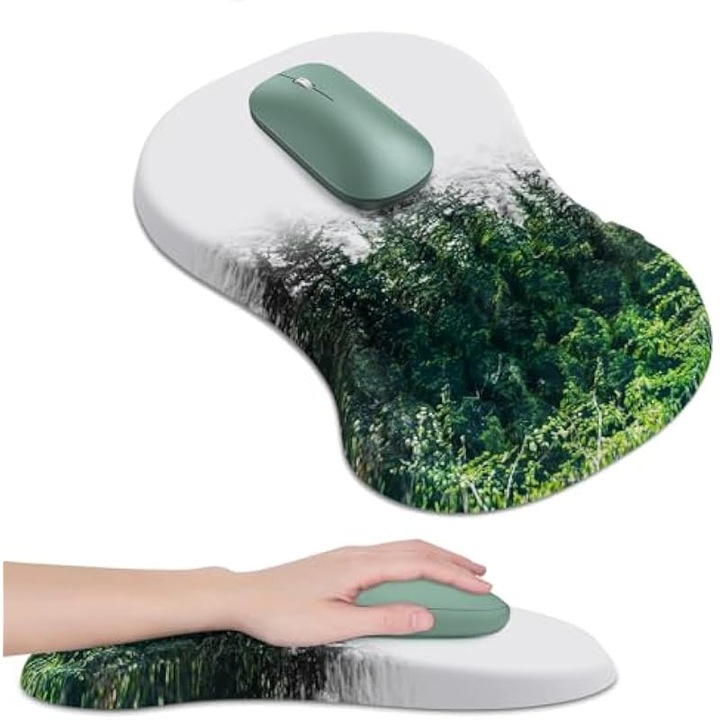 Mouse pad ergonomic K0575-KP-2600806-069-AMC, perna suport din spuma memory cu puncte de masaj, suprafata Lycra, baza antiderapanta, design padure, alb/verde