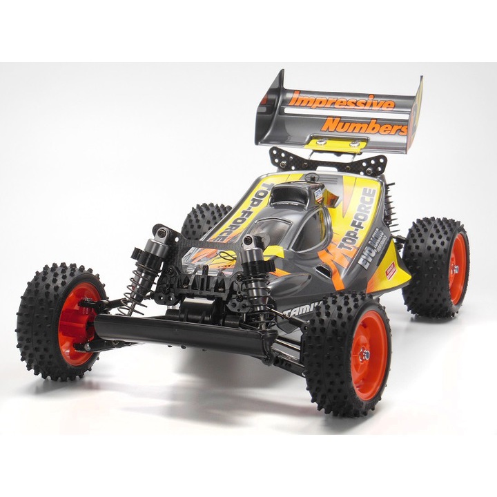 Buggy RC Tamiya Top Force Evo 47470, méretarány 1:10, 4WD, 540-es elektromos motor (szénkefés), DF-01 alváz, állítható olajjal töltött lengéscsillapítók, festett Lexan karosszéria (Gun Metal), hosszúság ≈400 mm