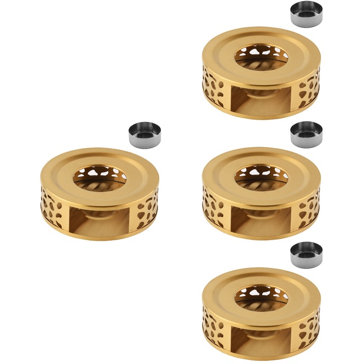 Suport incalzitor pentru ceainic ZYBLSSBB LSM2xh1687-BCS0051924, inox perforat cu suport pentru lumanare (tealight), auriu, set 4, 15 x 15 x 5.5 cm