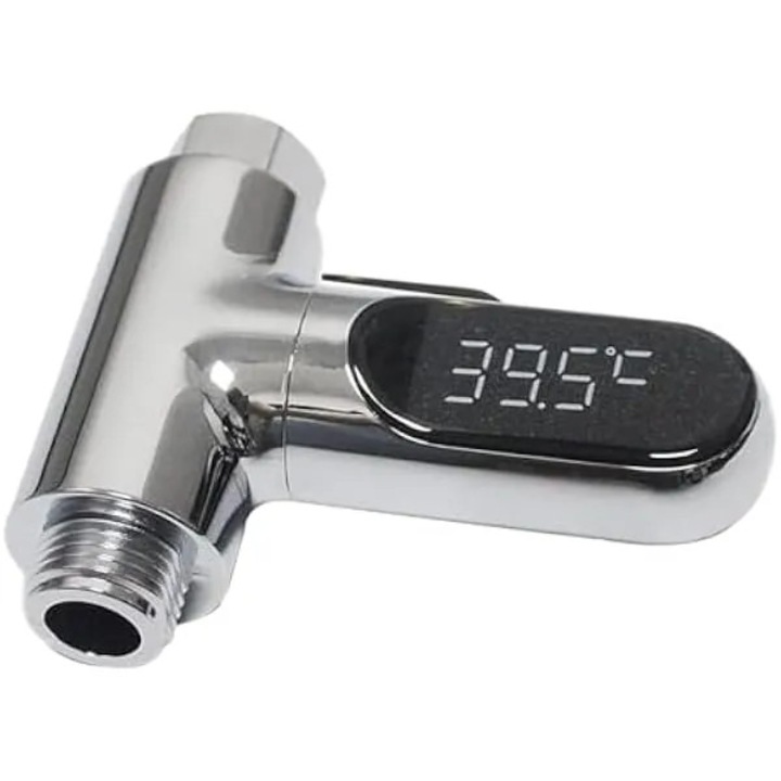 Digitális zuhany/fürdővíz hőmérő K0569-260807-2628-AMC, 360°-ban forgatható LED kijelző, hidraulikus tápellátás elemek nélkül, 0–100°C ±0,5°C mérés, C/°F választható, 1/2 hüvelykes menet, króm