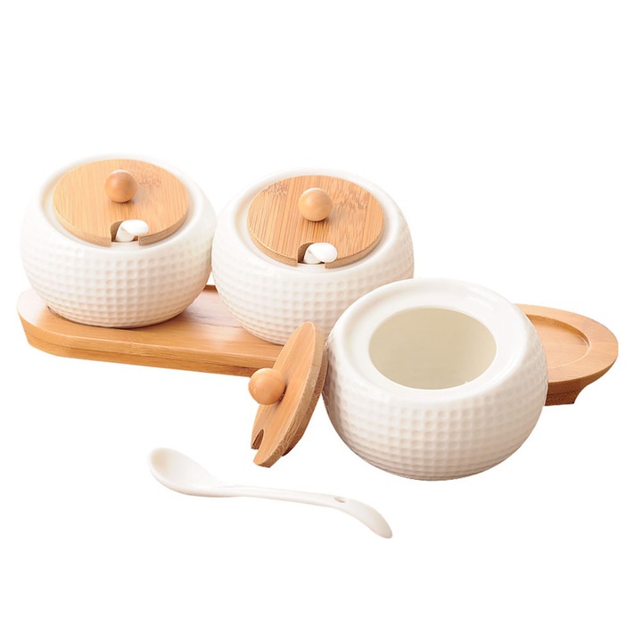 Set de 3 recipiente pentru condimente ZYBLSSBB LSM2xh147-BCS0081645, ceramica, capace si tava din bambus, lingurita inclusa, alb, 28.3x9.5x7.8 cm