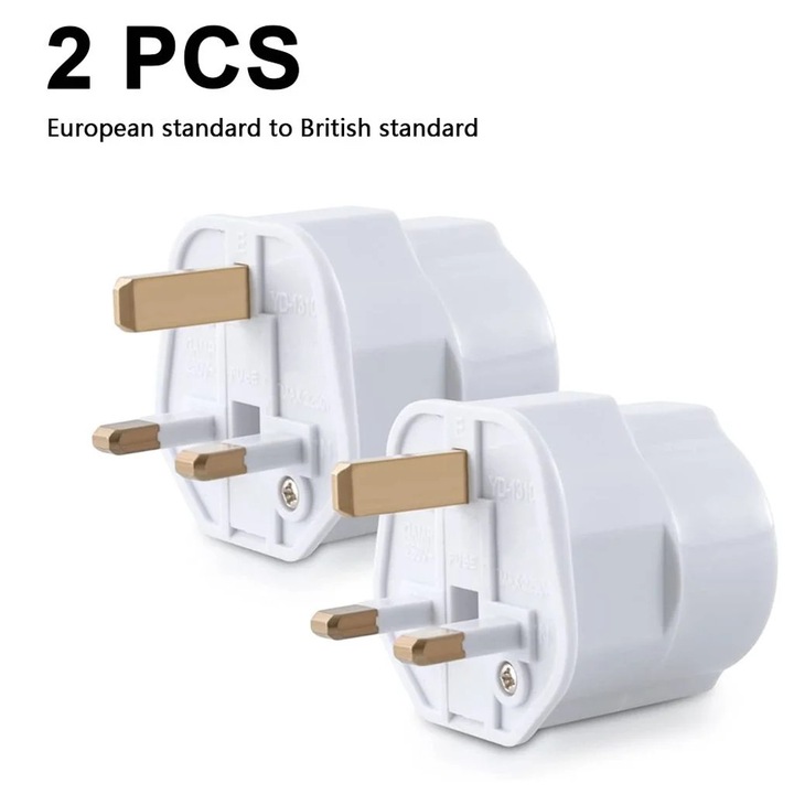 Adaptor de priza EU la UK ZYBLSSBB LSM2xh738-BCS0034703, 13A 250V cu siguranta, carcasa ABS, contacte bronz fosfor, alb, set 2 bucati