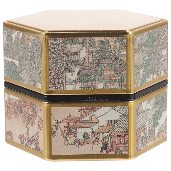 Cutie pentru ceai ZYBLSSBB LSM2xh3992-BCS0118860, din tabla metalica (tinplate) etansa cu capac portabil, model cu motive chinezesti, multicolor, 8 x 8 x 7 cm