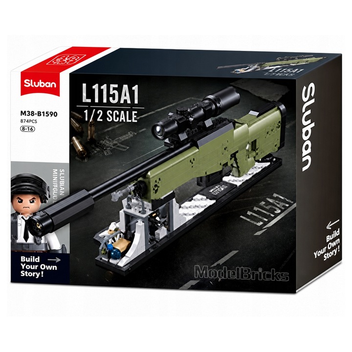 Set de construit Sluban model carabina lunetist AWM M38-B1590, scara 1:2, 876 piese, verde olive/negru