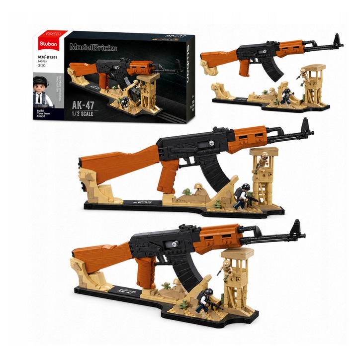 Model din caramizi AK-47 Sluban, scara 1:2, 645 piese, 2 figurine, multicolor, 43 cm