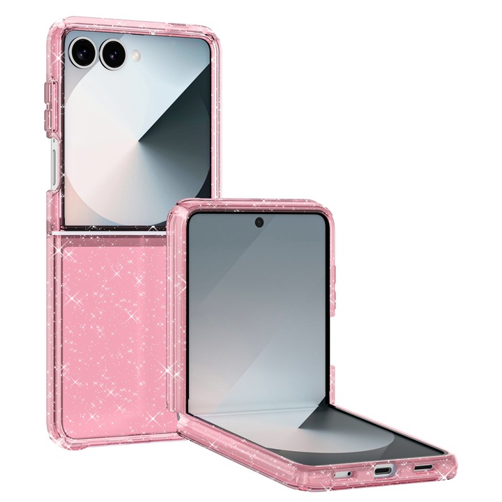 Husa de Protectie pentru Samsung Z Flip8, Ultra Slim, Transparenta cu Accente Sclipitoare, Roz
