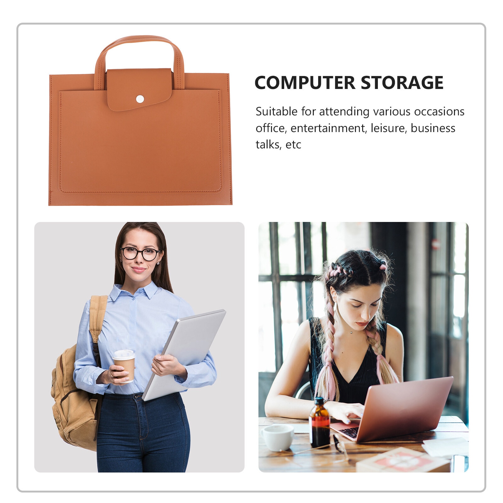 ZYBLSSBB, geanta pentru laptop din piele ecologica (PU) slim cu clapeta si capsa, kaki, 36 x 32 x 0.5 cm, pentru laptop pana la 13"
