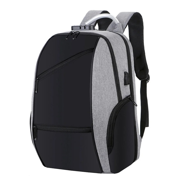 ZYBLSSBB, rucsac pentru laptop in material Oxford cu inchidere cu cifru si port USB, mare capacitate, model LSM2xh1978-BCS0140011, gri/negru, 43 x 30 x 18 cm