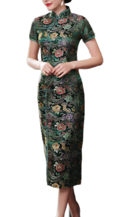 Rochie cheongsam verde elegant din tesatura premium lunga