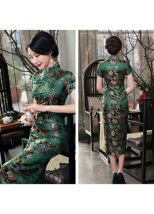 Rochie cheongsam verde elegant din tesatura premium lunga