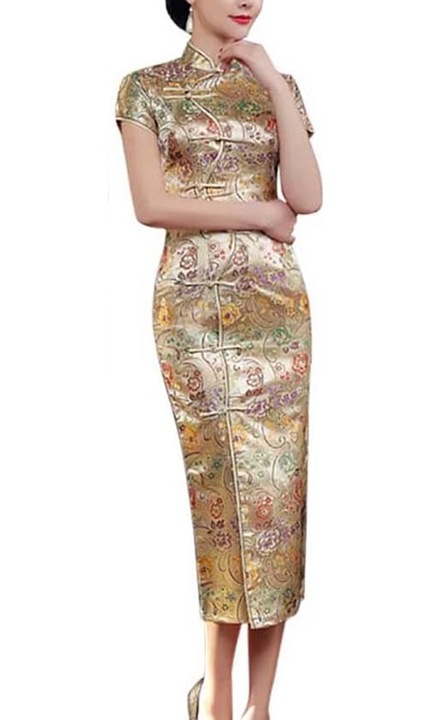Rochie cheongsam elegant lunga, croiala slim, material premium, auriu