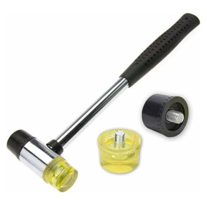 Ciocan de cauciuc model MA-K0446-260807-1421, capete interschimbabile 25 mm, 2 capete de rezerva, maner antiderapant, 250 mm, negru/galben