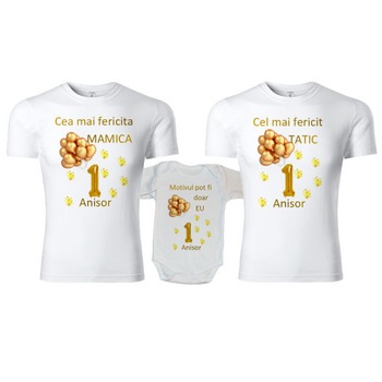 Set tricouri personalizate si body bumbac,1 an, Alb cu galben, M si L Set tricouri personalizate si body bumbac,1 an, Alb cu galben, M si L
