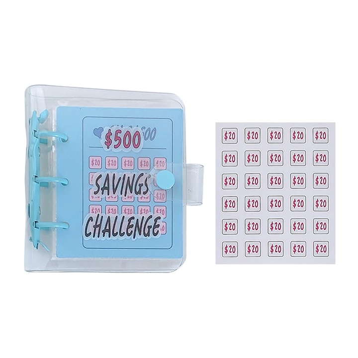Organizator de economii YANYXR BCS2911994, binder cu 3 inele si plicuri etichetate pentru provocarea $500, PVC transparent, albastru deschis