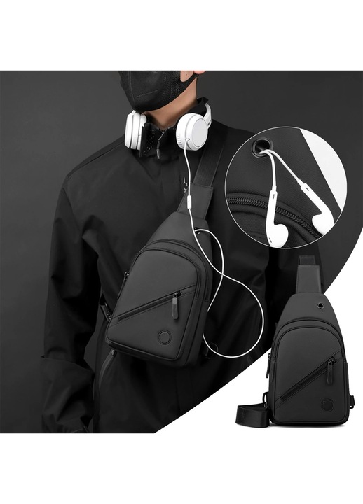 Yanyxr, geanta sling din Oxford cu port pentru casti si buzunar frontal BCS2910152, negru