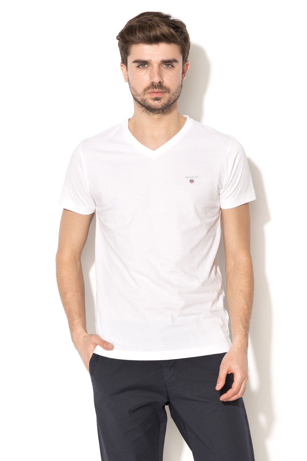 Gant, Tricou slim fit cu decolteu in V, Alb, 3XL