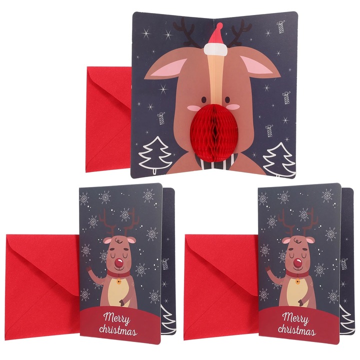 YANYXR BCS2914431 karácsonyi üdvözlőlapok, 3 db-os pop-up üdvözlőlap szett 3D méhsejt elemmel, papírkarton, sötétkék/piros, 16 x 10.5 cm