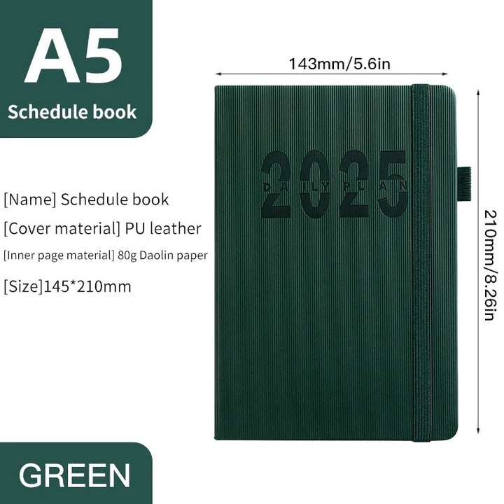 Agenda 2025 YANYXR A5, coperta tare PU, layout saptamanal cu intervale orare si pagini lunare, suport pentru pix, verde inchis, 145 x 210 mm