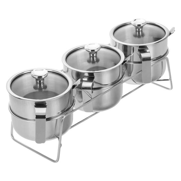 Set de 3 borcane pentru condimente YANYXR BCS2915563, sticla cu elemente din otel inoxidabil, ermetice, cu linguri si suport, argintiu, 30 x 10 x 9 cm