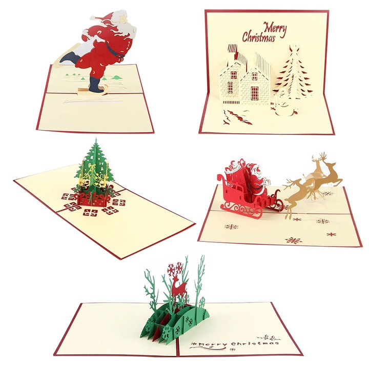 YANYXR BCS2914435 3D pop-up üdvözlőlap, 5 darabos szett karácsonyra borítékokkal, többszínű, 15 x 15 x 3 cm