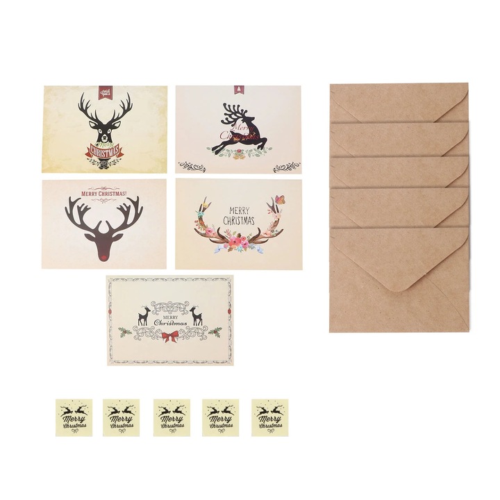 YANYXR BCS2914432 5 darabos üdvözlőlap szett, retro karácsonyi design borítékokkal, papír, többszínű, 12 x 9 cm