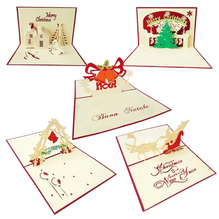 YANYXR BCS2914428 3D pop-up üdvözlőlap, kartonból, kézzel készített, 5 darabos szett, válogatott minták, krém/piros, 10 x 15 cm