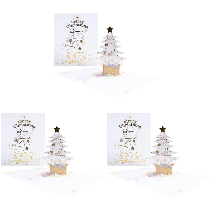 YANYXR BCS2914451 karácsonyfa pop-up üdvözlőlap, 3D fehér/arany fenyővel, 3 db-os szett, 26 x 15.5 cm