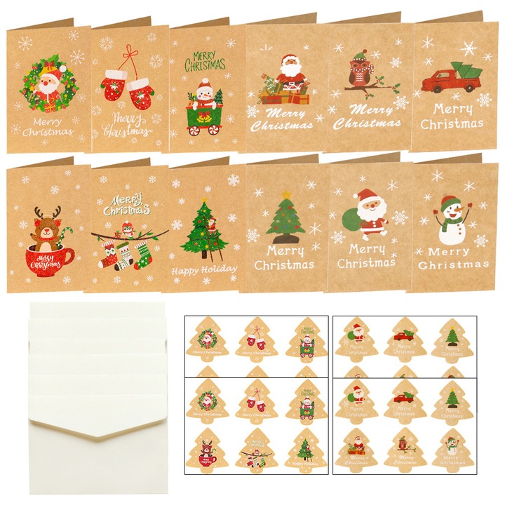 YANYXR BCS2914448 karácsonyi üdvözlőlap szett, 24 db, kraft papír borítékokkal és matricákkal, barna kraft, 10,5 x 7 cm