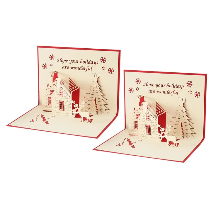 3D karácsonyi üdvözlőlapok YANYXR BCS2914420, papír, pop-up lézeres kivágással (ház, fenyőfa, rénszarvas), piros/világossárga, 2 db-os szett, 17,2 x 12,6 cm