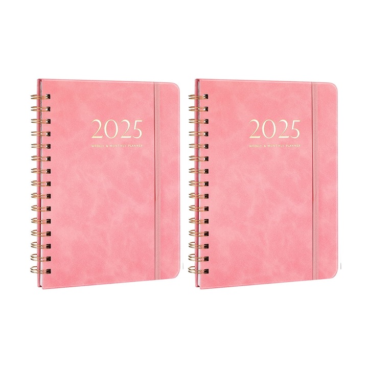 Agenda planner 2025 YANYXR BCS2914888, spiralata cu elastic, layout saptamanal si lunar, include notite adezive, roz, set 2, 21.4 x 15.4 x 1.2 cm